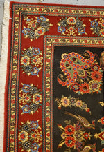 Load image into Gallery viewer, close up view Qom Handknotted rug  Top right corner border of the floral  carpet
