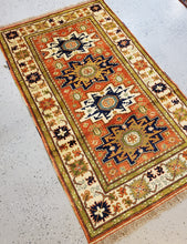 Load image into Gallery viewer, full view of this Turkish made Caucasion rug from top right or lighter side of the rug