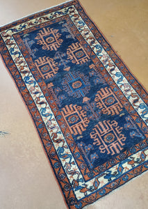 This is a very nice Antique Hamadan Carpet Runner with a Dark Blue Field, the rug has geometric shapes
